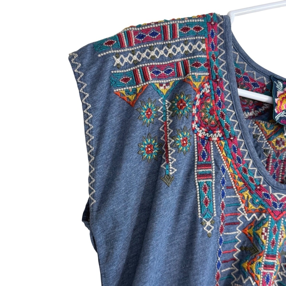 Johnny Was Embroidered V-Neck Cap Sleeve Boho Top Heathered Blue light Cotton S - Picture 3 of 10
